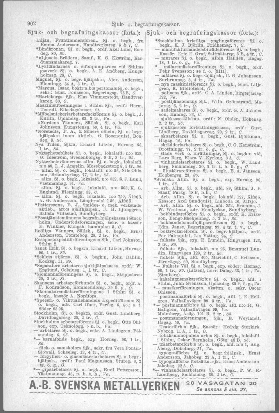 Kassör: Eric E. Graf, Saltmätareg. 8 B, 4 tr., G.».Ljusets Bröder», Samf., K. G. Ekström, Kal', - murares Sj. o. begk., Albin Hallden, Hagag, duansmakareg. 7. 18, 1 tro ö. g., Va. Lykttändarnes o.