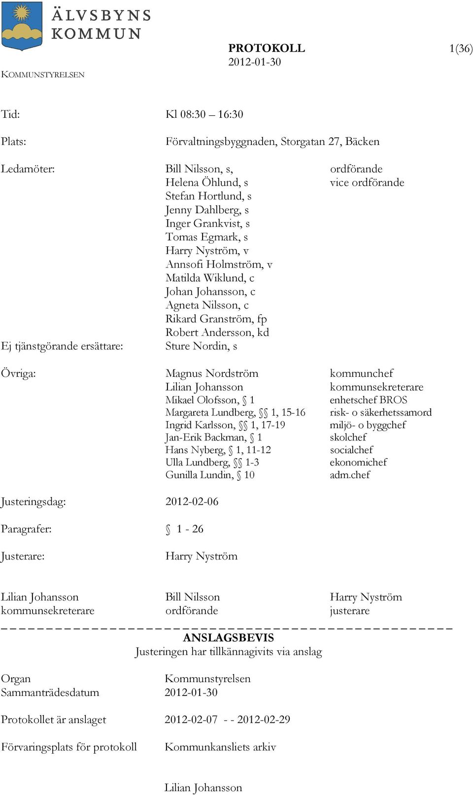 Sture Nordin, s Övriga: Magnus Nordström kommunchef Lilian Johansson kommunsekreterare Mikael Olofsson, 1 enhetschef BROS Margareta Lundberg, 1, 15-16 risk- o säkerhetssamord Ingrid Karlsson, 1,