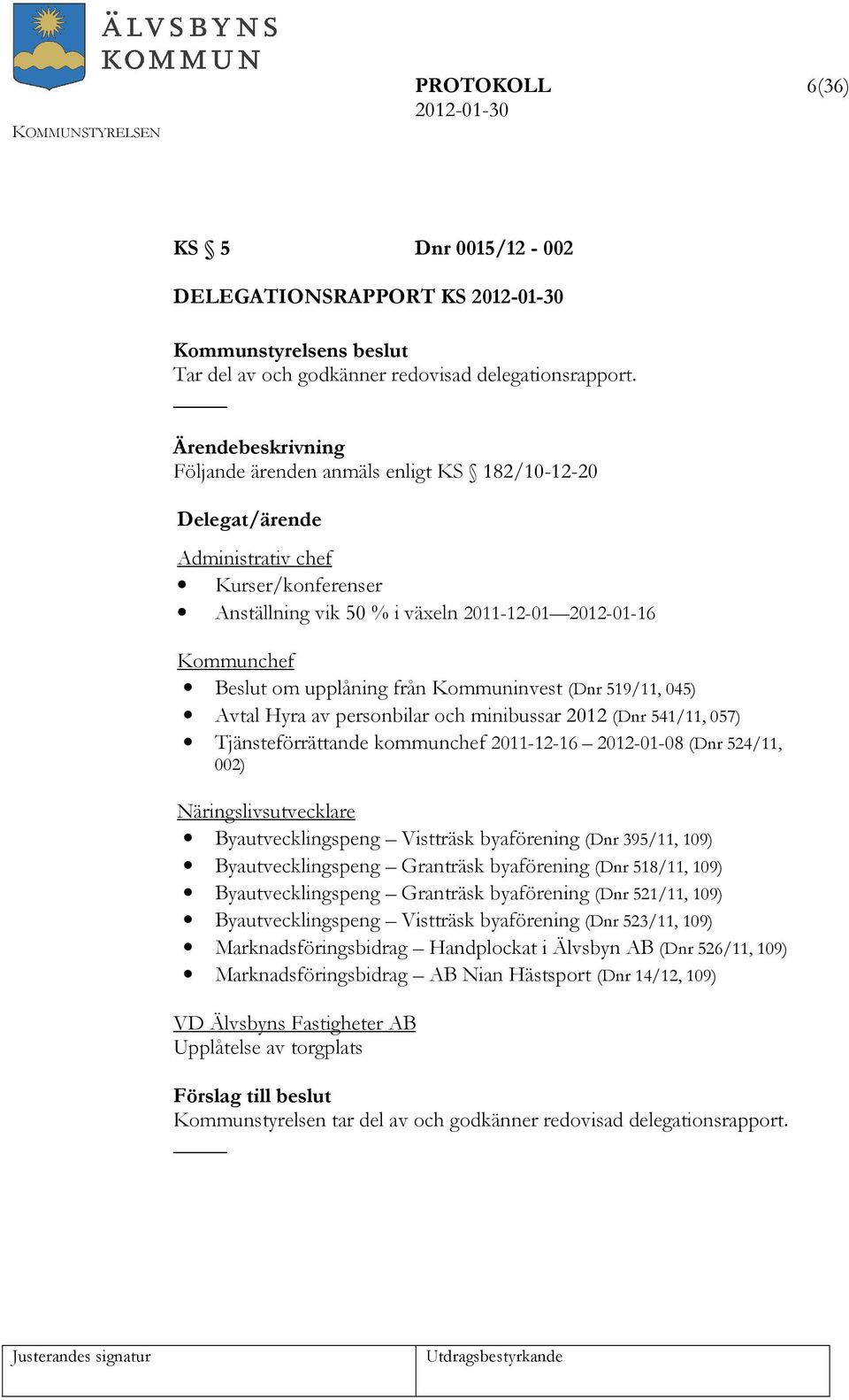 Kommuninvest (Dnr 519/11, 045) Avtal Hyra av personbilar och minibussar 2012 (Dnr 541/11, 057) Tjänsteförrättande kommunchef 2011-12-16 2012-01-08 (Dnr 524/11, 002) Näringslivsutvecklare