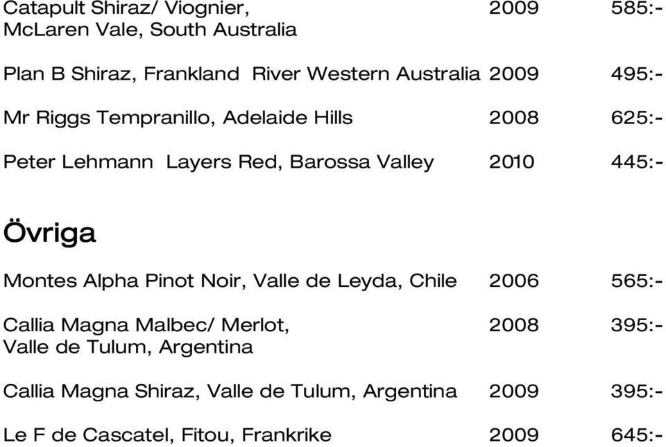 445:- Övriga Montes Alpha Pinot Noir, Valle de Leyda, Chile 2006 565:- Callia Magna Malbec/ Merlot, 2008 395:-