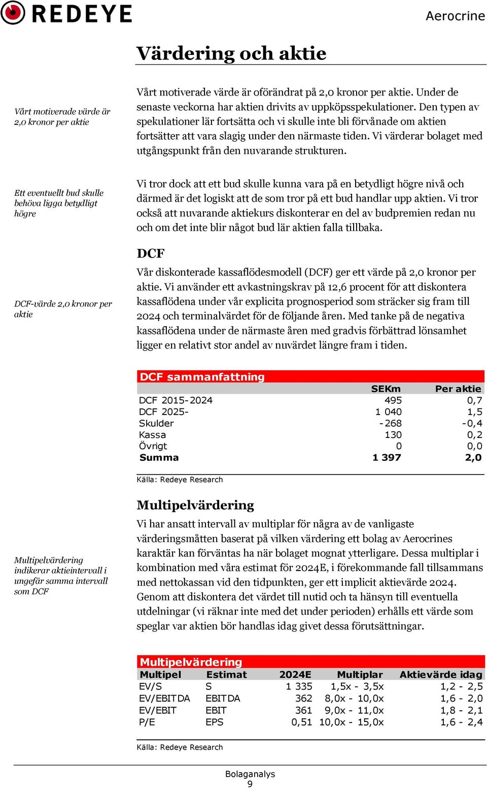 Vi värderar bolaget med utgångspunkt från den nuvarande strukturen.