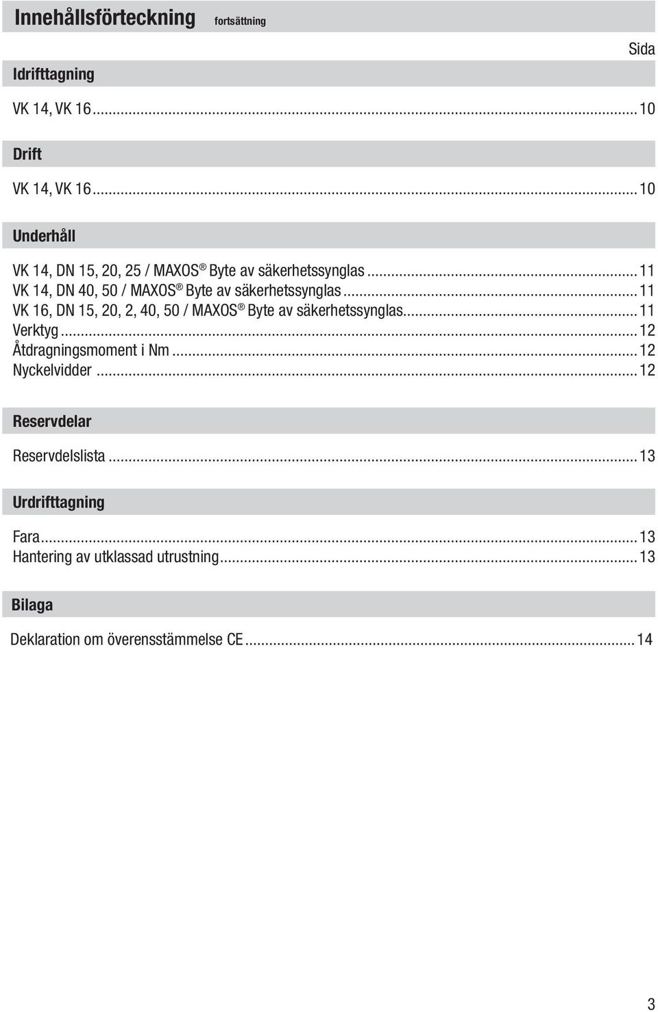 ..11 VK 16, DN 15, 20, 2, 40, 50 / MAXOS Byte av säkerhetssynglas...11 Verktyg...12 Åtdragningsmoment i Nm.