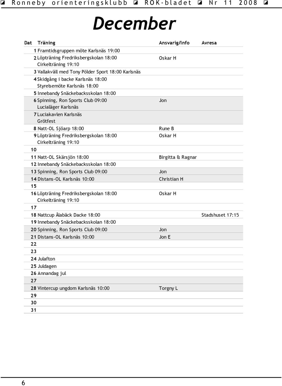 Löpträning Fredriksbergskolan 18:00 10 11 Natt-OL Skärsjön 18:00 Birgitta & Ragnar 12 Innebandy Snäckebacksskolan 18:00 13 Spinning, Ron Sports Club 09:00 Jon 14 Distans-OL Karlsnäs 10:00 Christian H