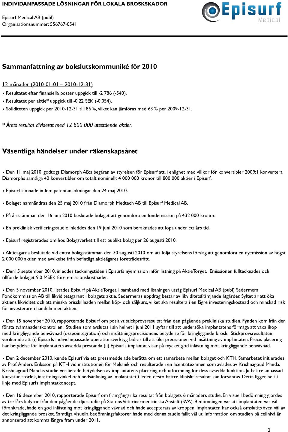 Väsentliga händelser under räkenskapsåret Den 11 maj 2010, godtogs Diamorph AB:s begäran av styrelsen för Episurf att, i enlighet med villkor för konvertibler 2009:1 konvertera Diamorphs samtliga 40