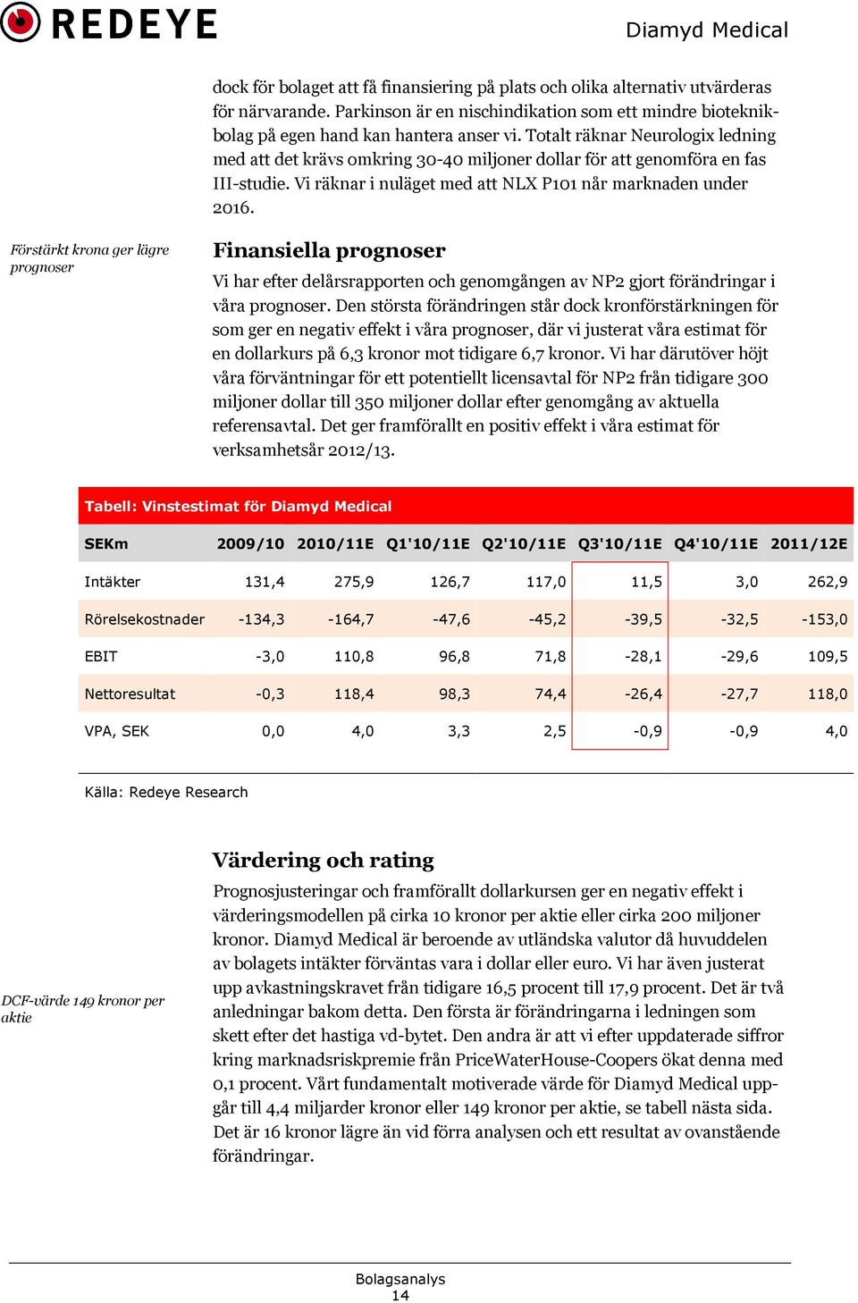 Förstärkt krona ger lägre prognoser Finansiella prognoser Vi har efter delårsrapporten och genomgången av NP2 gjort förändringar i våra prognoser.