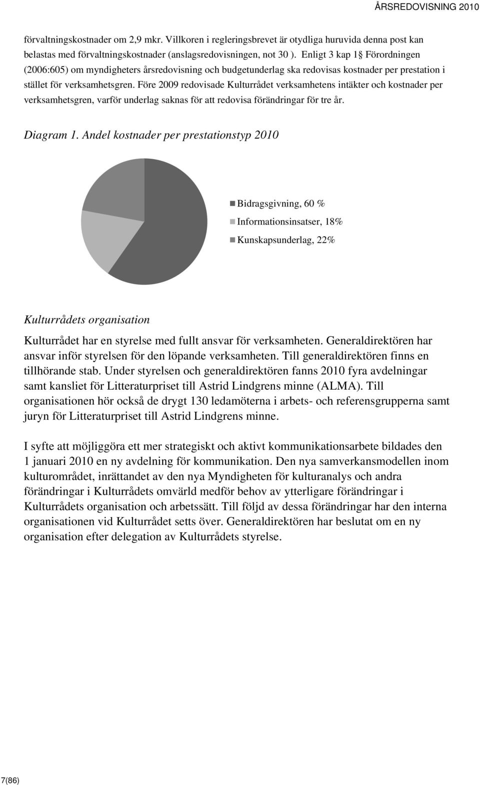 Före 2009 redovisade Kulturrådet verksamhetens intäkter och kostnader per verksamhetsgren, varför underlag saknas för att redovisa förändringar för tre år. Diagram 1.