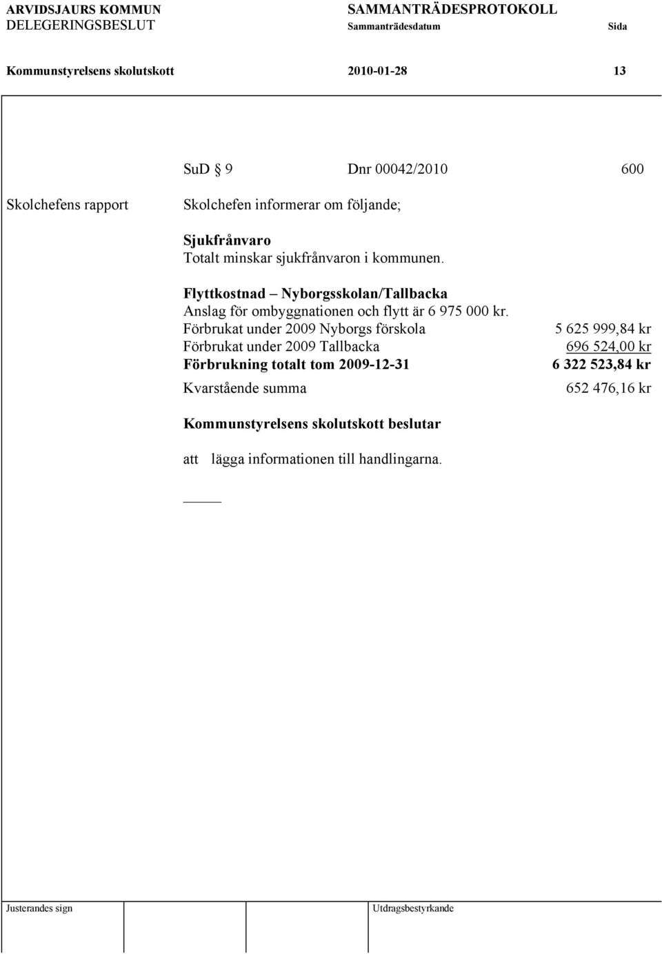 Flyttkostnad Nyborgsskolan/Tallbacka Anslag för ombyggnationen och flytt är 6 975 000 kr.