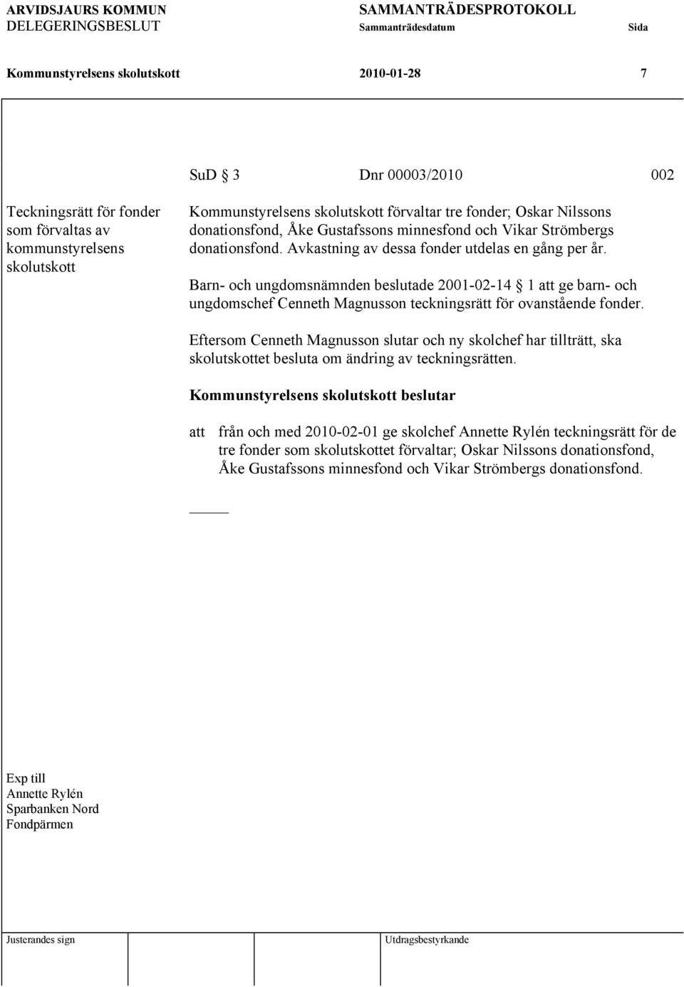 Avkastning av dessa fonder utdelas en gång per år. Barn- och ungdomsnämnden beslutade 2001-02-14 1 att ge barn- och ungdomschef Cenneth Magnusson teckningsrätt för ovanstående fonder.