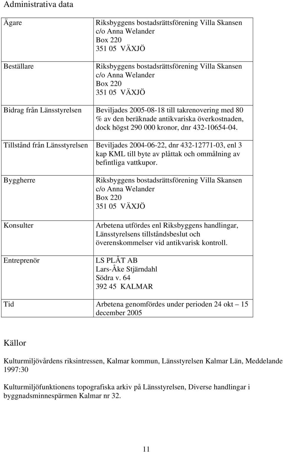 Tillstånd från Länsstyrelsen Beviljades 2004-06-22, dnr 432-12771-03, enl 3 kap KML till byte av plåttak och ommålning av befintliga vattkupor.