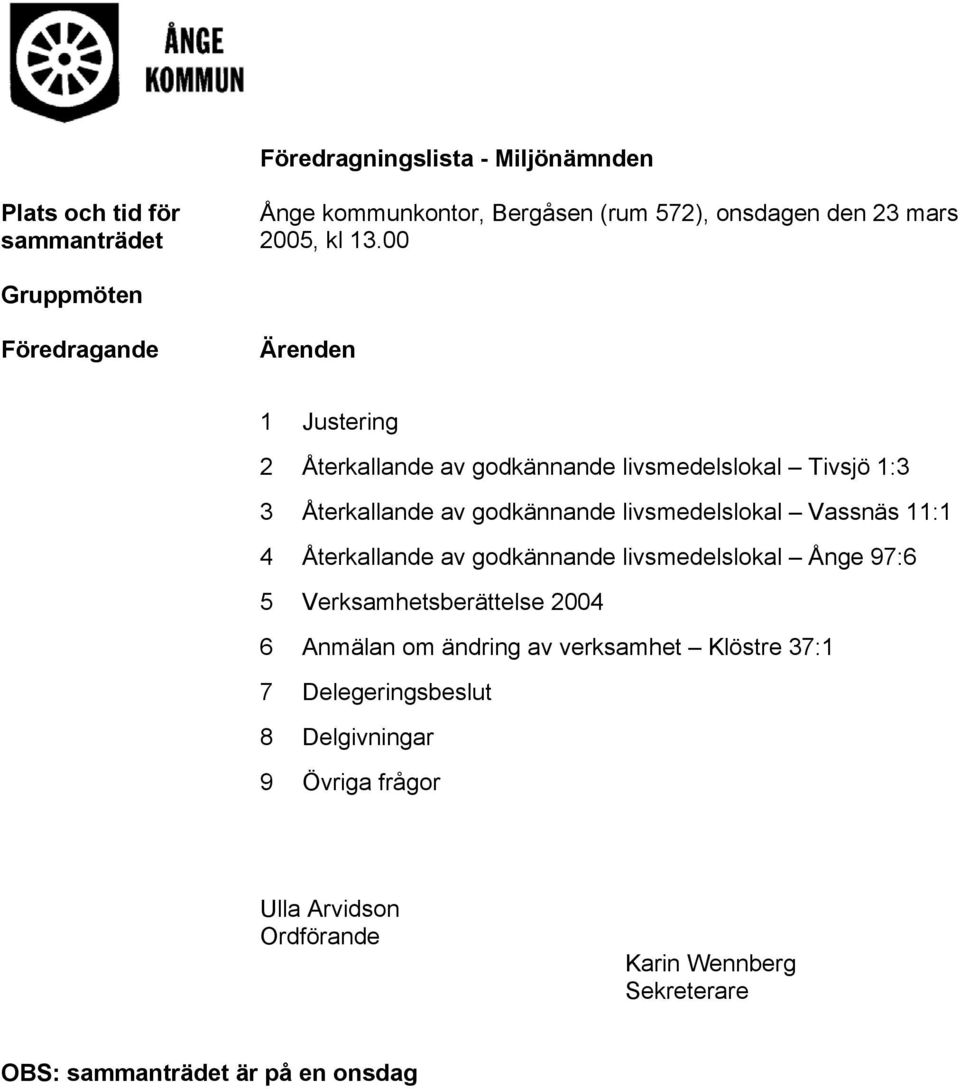 livsmedelslokal Vassnäs 11:1 4 Återkallande av godkännande livsmedelslokal Ånge 97:6 5 Verksamhetsberättelse 2004 6 Anmälan om ändring av