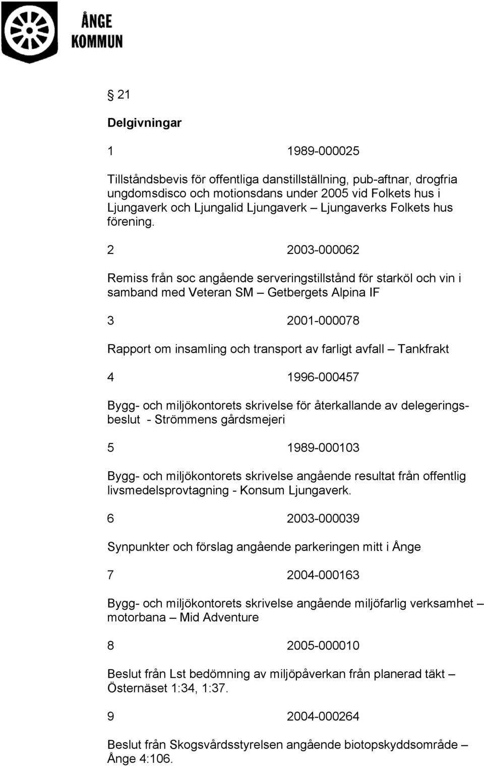 2 2003-000062 Remiss från soc angående serveringstillstånd för starköl och vin i samband med Veteran SM Getbergets Alpina IF 3 2001-000078 Rapport om insamling och transport av farligt avfall