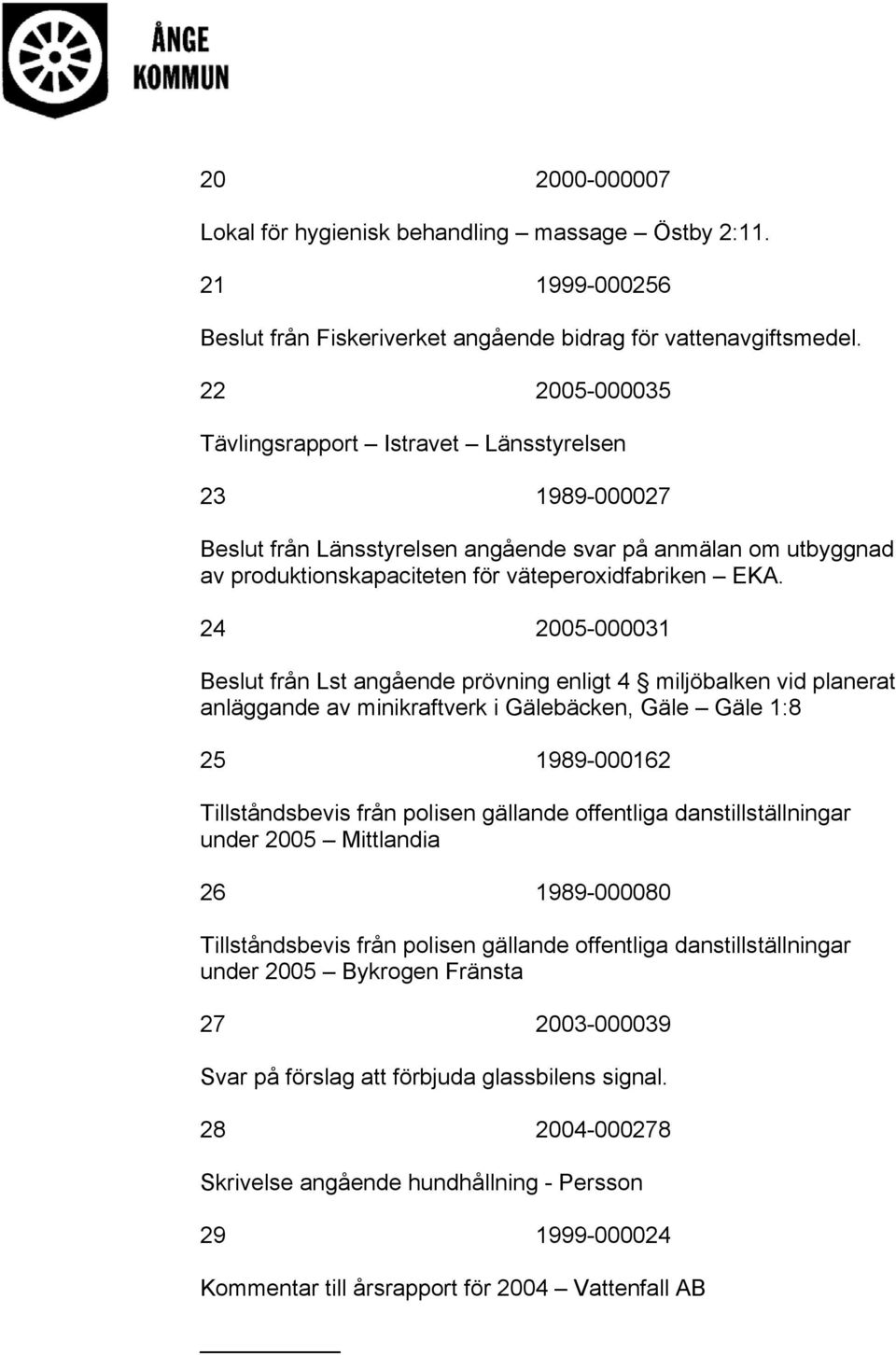 24 2005-000031 Beslut från Lst angående prövning enligt 4 miljöbalken vid planerat anläggande av minikraftverk i Gälebäcken, Gäle Gäle 1:8 25 1989-000162 Tillståndsbevis från polisen gällande