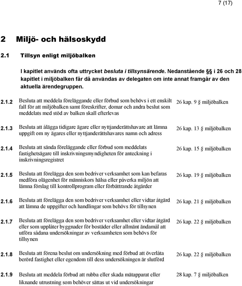 2 Besluta att meddela föreläggande eller förbud som behövs i ett enskilt fall för att miljöbalken samt föreskrifter, domar och andra beslut som meddelats med stöd av balken skall efterlevas 2.1.