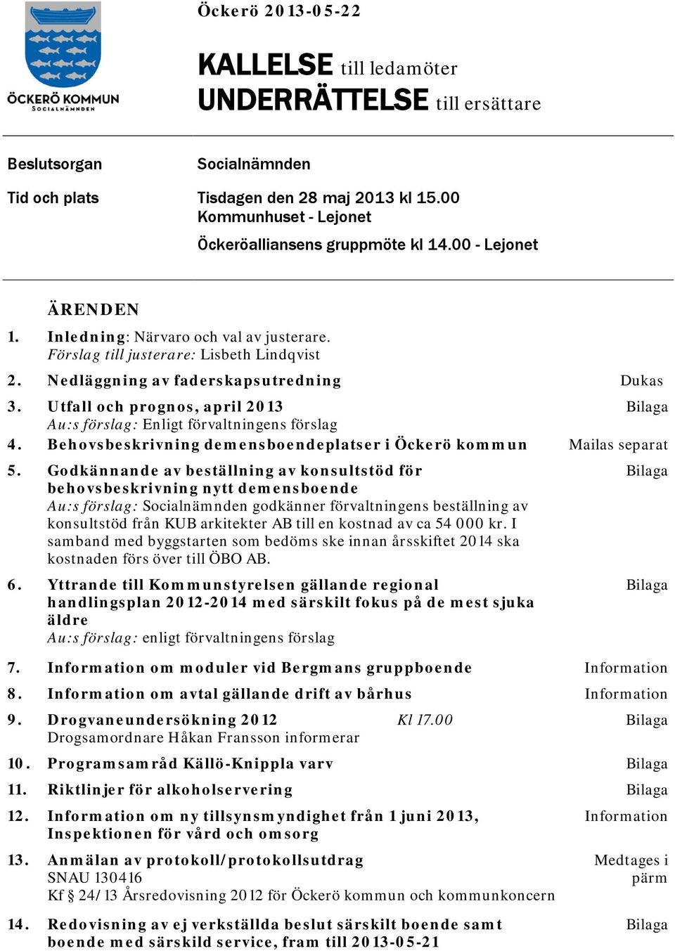 Nedläggning av faderskapsutredning Dukas 3. Utfall och prognos, april 2013 Bilaga Au:s förslag: Enligt förvaltningens förslag 4. Behovsbeskrivning demensboendeplatser i Öckerö kommun Mailas separat 5.