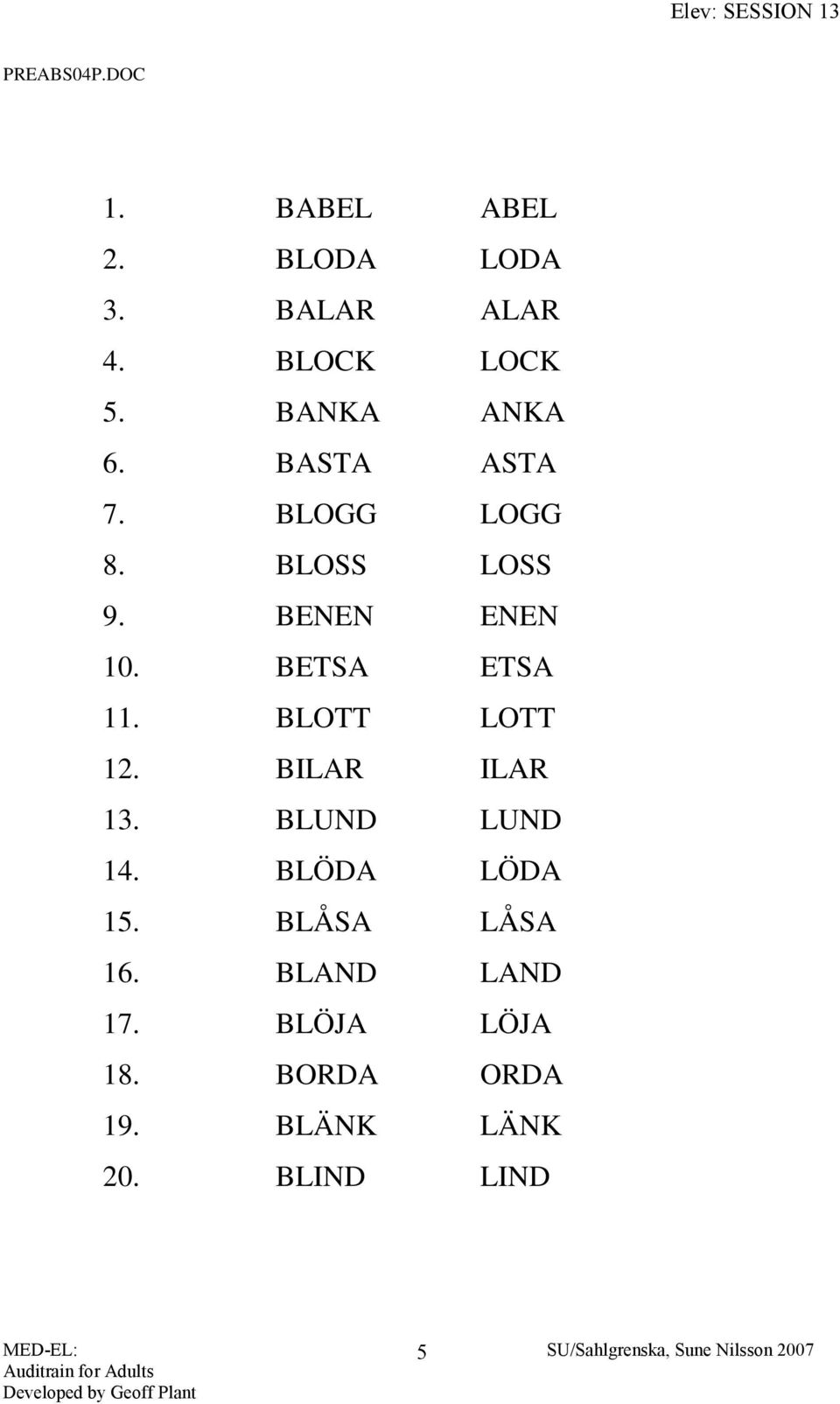 BETSA ETSA 11. BLOTT LOTT 12. BILAR ILAR 13. BLUND LUND 14. BLÖDA LÖDA 15.