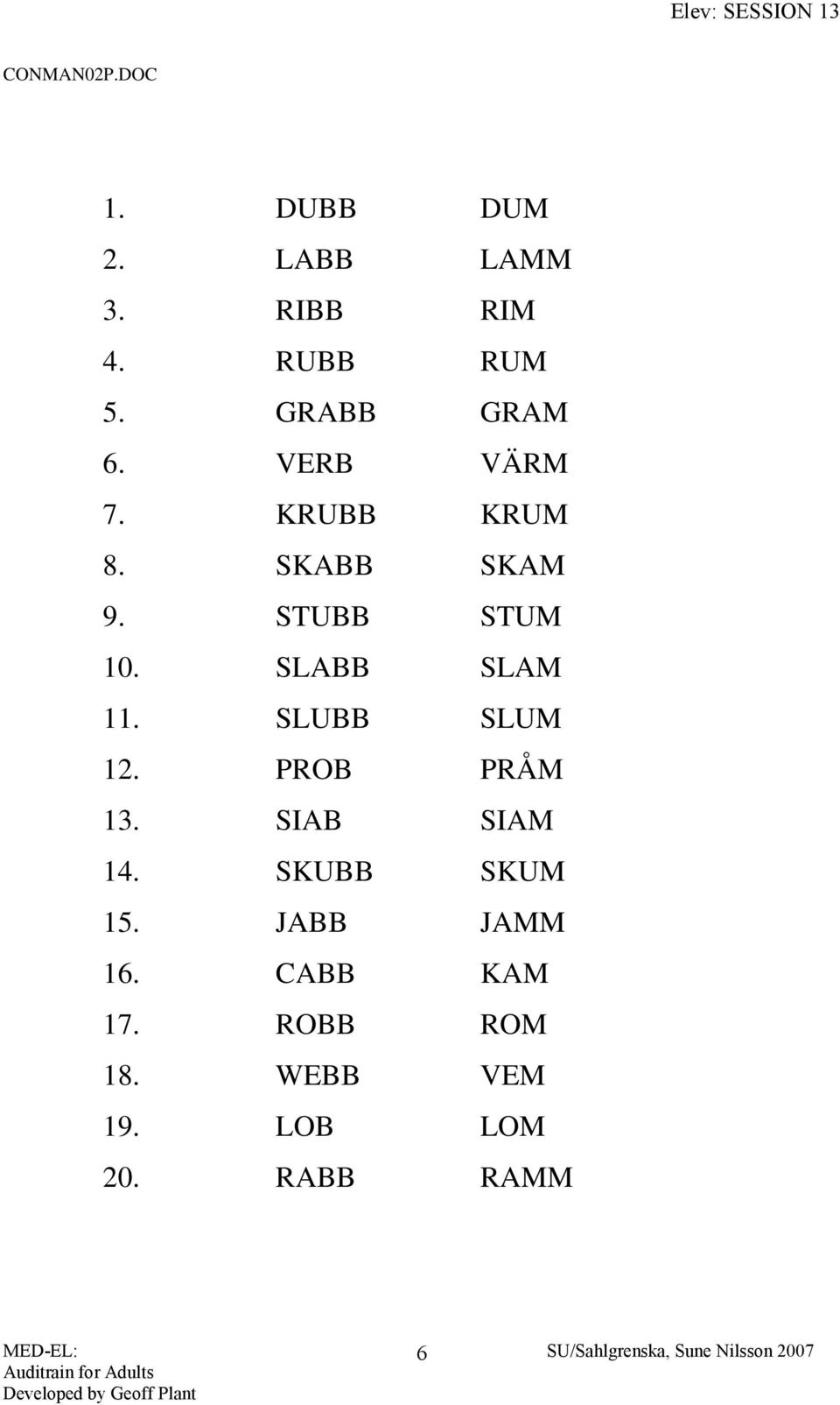 SLABB SLAM 11. SLUBB SLUM 12. PROB PRÅM 13. SIAB SIAM 14. SKUBB SKUM 15.