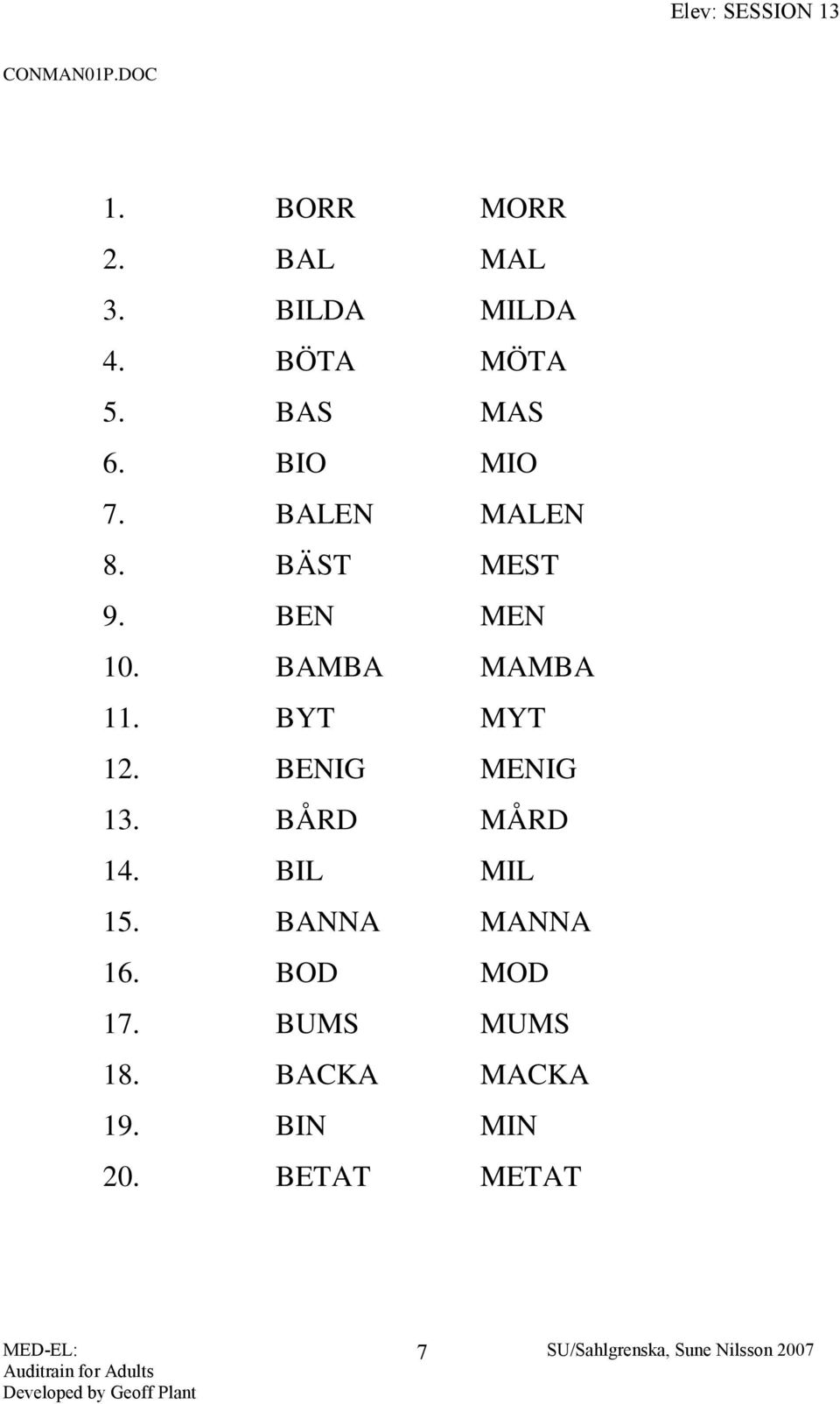 BAMBA MAMBA 11. BYT MYT 12. BENIG MENIG 13. BÅRD MÅRD 14. BIL MIL 15.