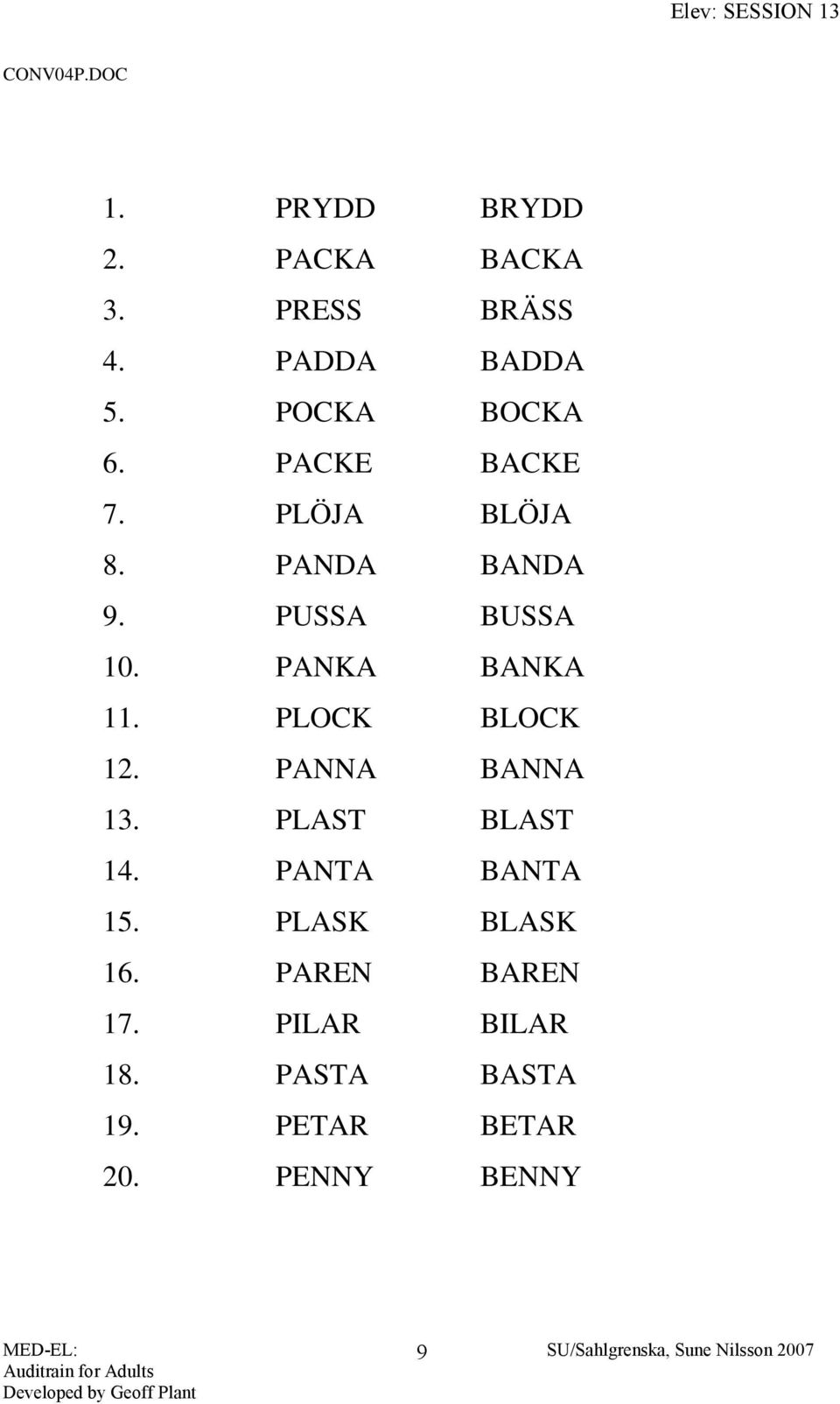 PANKA BANKA 11. PLOCK BLOCK 12. PANNA BANNA 13. PLAST BLAST 14. PANTA BANTA 15.