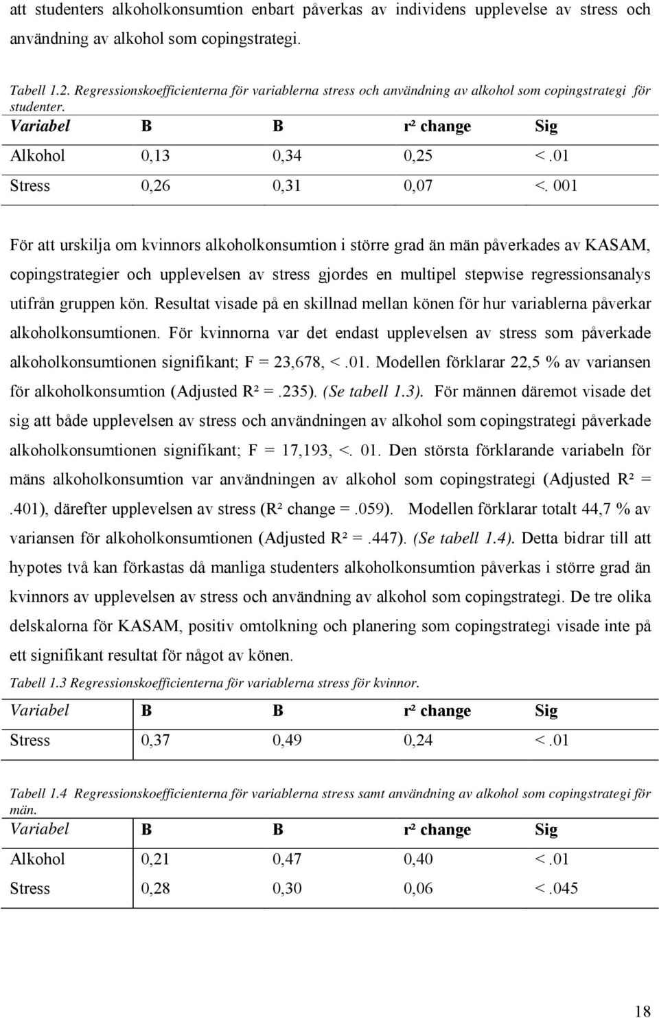 001 För att urskilja om kvinnors alkoholkonsumtion i större grad än män påverkades av KASAM, copingstrategier och upplevelsen av stress gjordes en multipel stepwise regressionsanalys utifrån gruppen