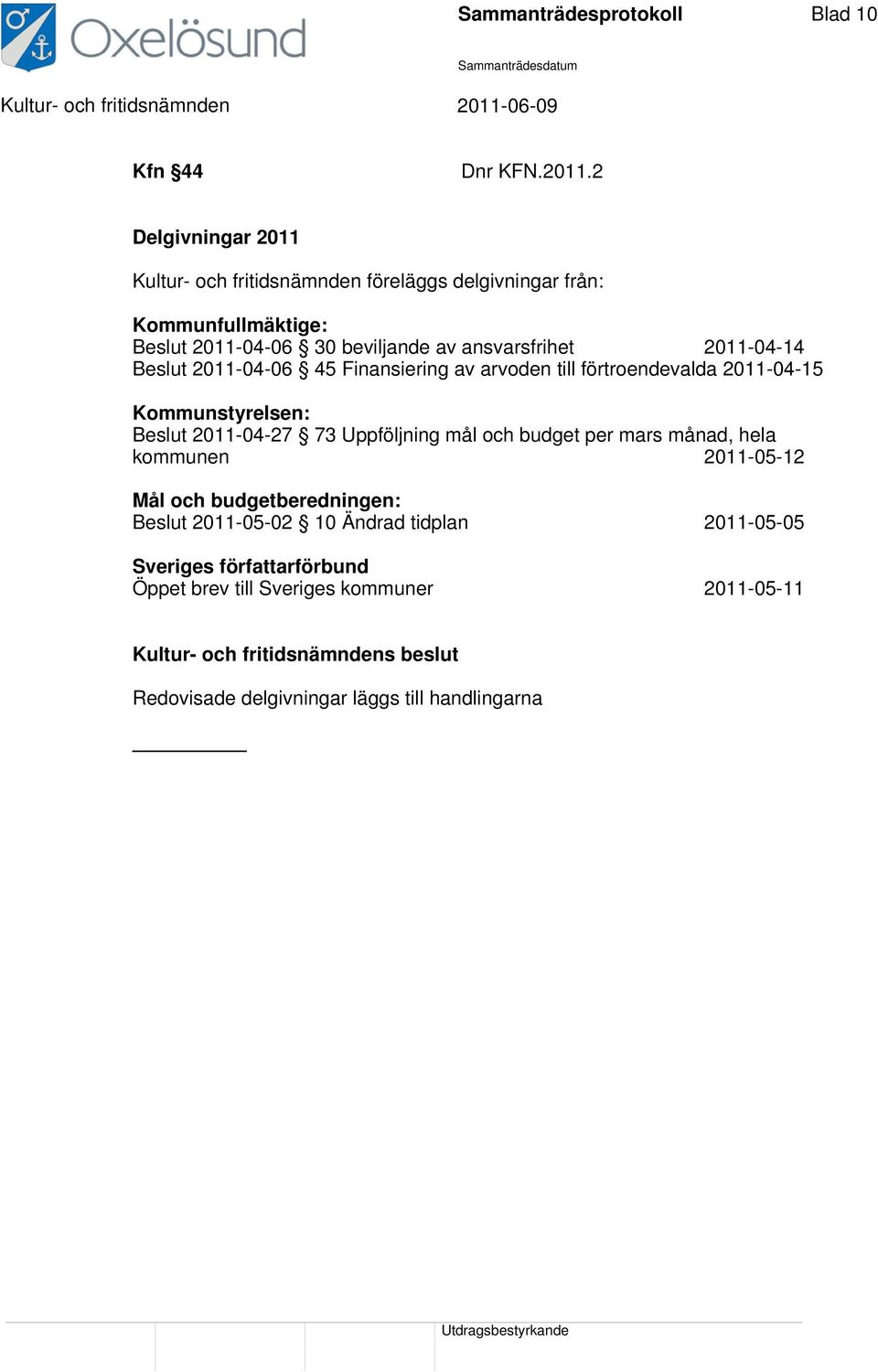 2011-04-14 Beslut 2011-04-06 45 Finansiering av arvoden till förtroendevalda 2011-04-15 Kommunstyrelsen: Beslut 2011-04-27 73 Uppföljning mål och budget