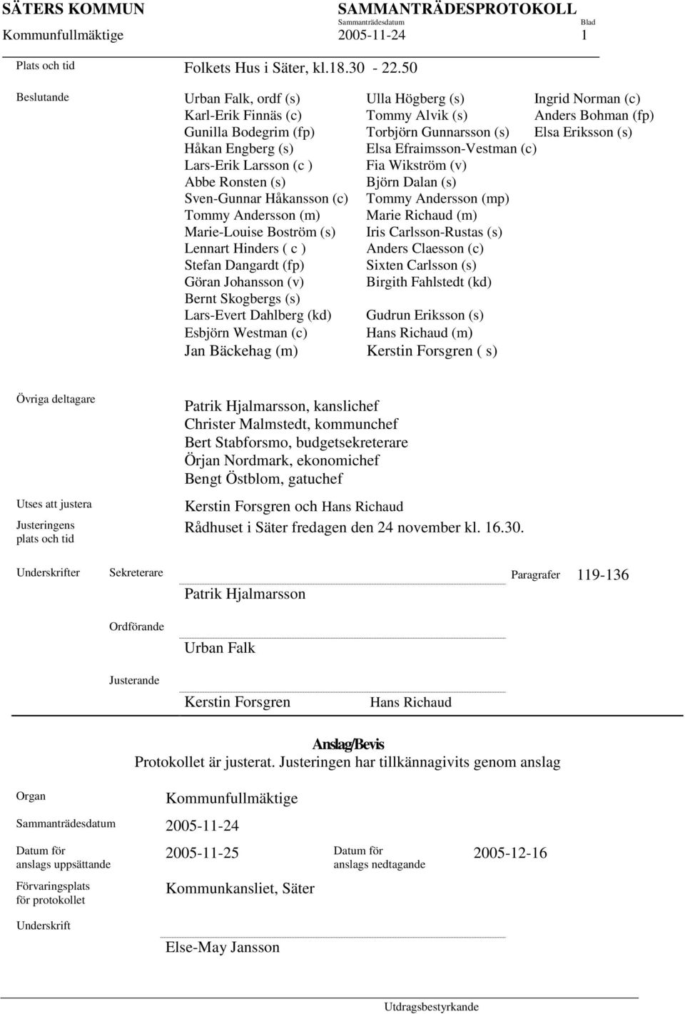 Engberg (s) Elsa Efraimsson-Vestman (c) Lars-Erik Larsson (c ) Fia Wikström (v) Abbe Ronsten (s) Björn Dalan (s) Sven-Gunnar Håkansson (c) Tommy Andersson (mp) Tommy Andersson (m) Marie Richaud (m)