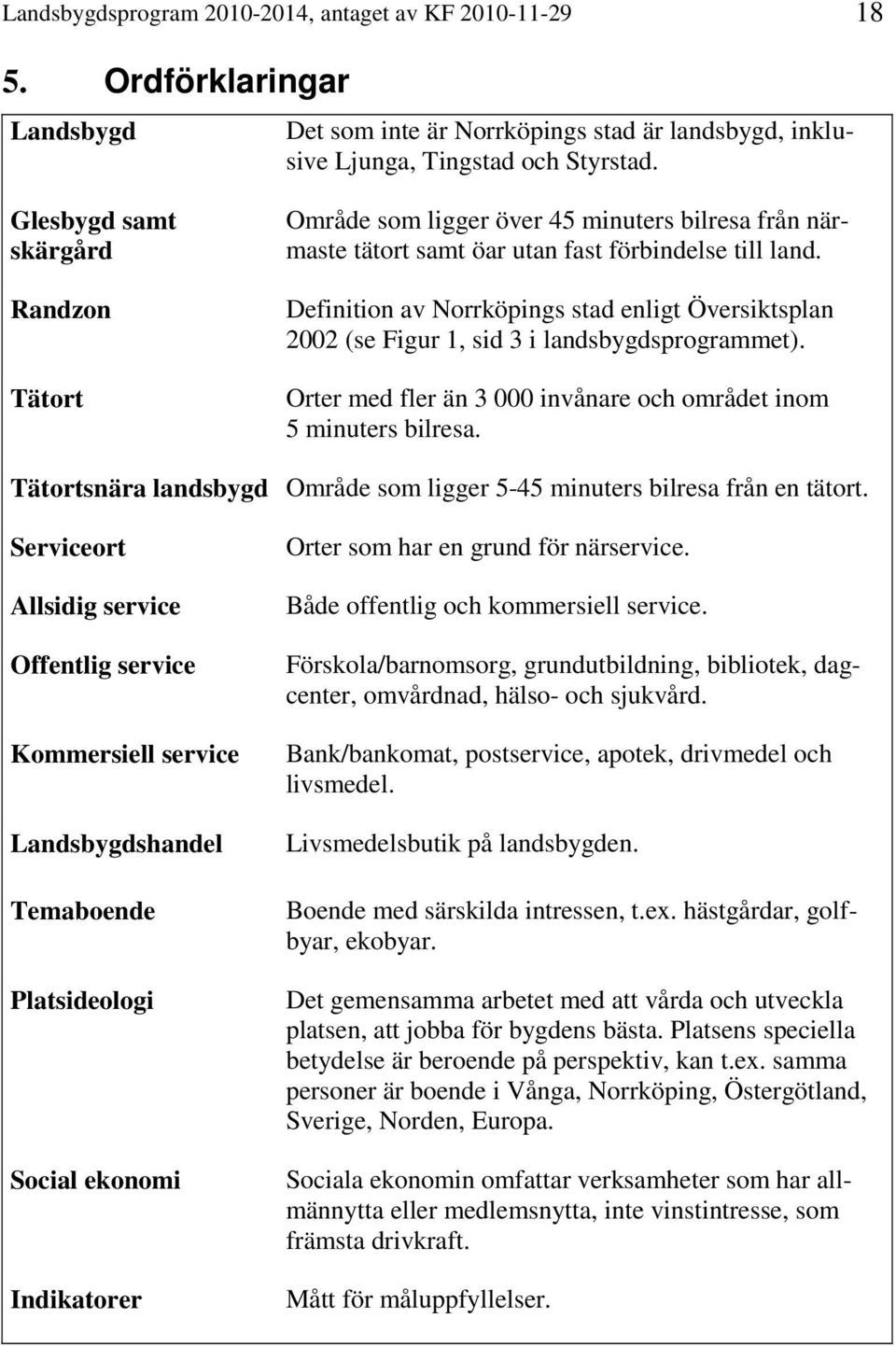 Definition av Norrköpings stad enligt Översiktsplan 2002 (se Figur 1, sid 3 i landsbygdsprogrammet). Orter med fler än 3 000 invånare och området inom 5 minuters bilresa.