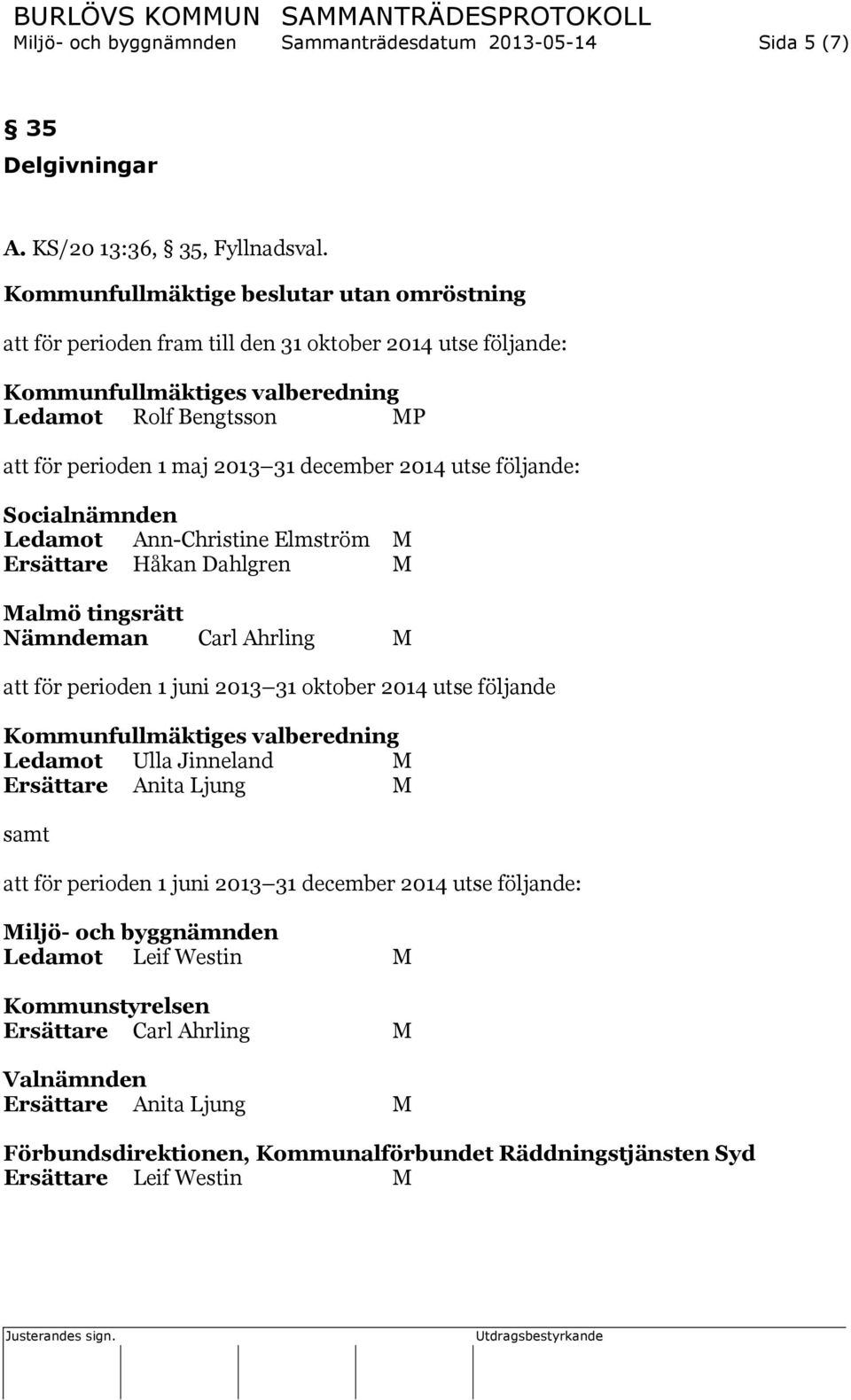 utse följande: Socialnämnden Ledamot Ann-Christine Elmström M Ersättare Håkan Dahlgren M Malmö tingsrätt Nämndeman Carl Ahrling M för perioden 1 juni 2013 31 oktober 2014 utse följande