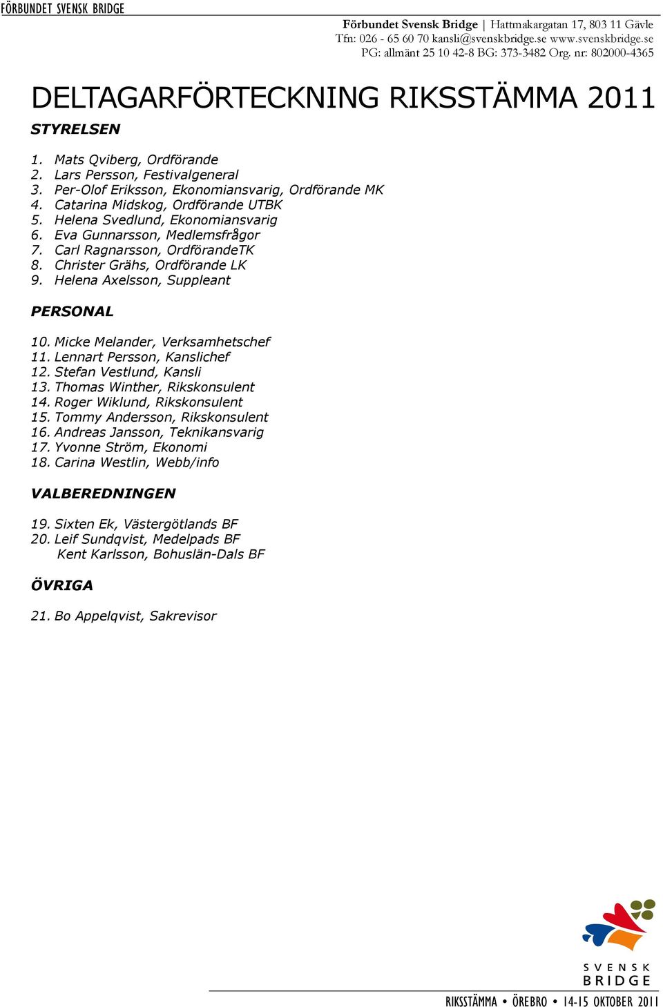 Catarina Midskog, Ordförande UTBK 5. Helena Svedlund, Ekonomiansvarig 6. Eva Gunnarsson, Medlemsfrågor 7. Carl Ragnarsson, OrdförandeTK 8. Christer Grähs, Ordförande LK 9.