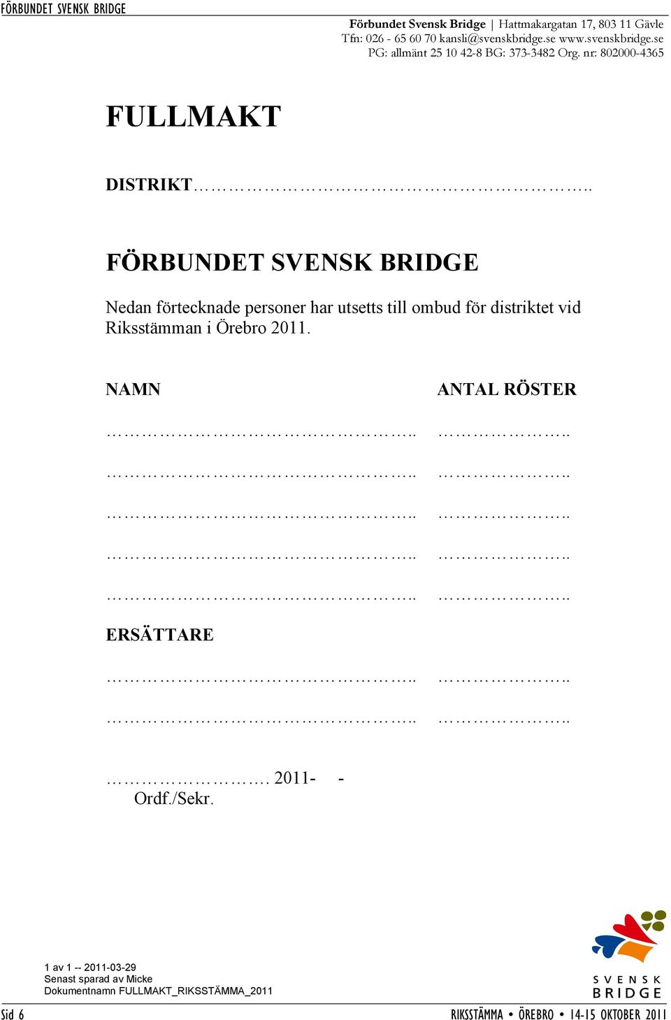 . FÖRBUNDET SVENSK BRIDGE Nedan förtecknade personer har utsetts till ombud för distriktet vid Riksstämman i Örebro 2011. NAMN.
