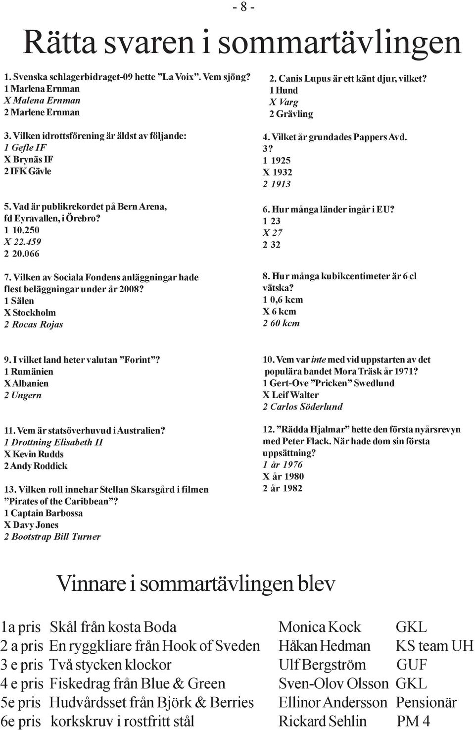 066 7. Vilken av Sociala Fondens anläggningar hade flest beläggningar under år 2008? 1 Sälen X Stockholm 2 Rocas Rojas 4. Vilket år grundades Pappers Avd. 3? 1 1925 X 1932 2 1913 6.