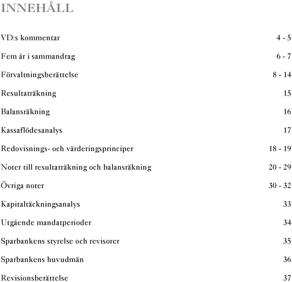 resultaträkning och balansräkning 20-29 Övriga noter 30-32 Kapitaltäckningsanalys 33 Utgående