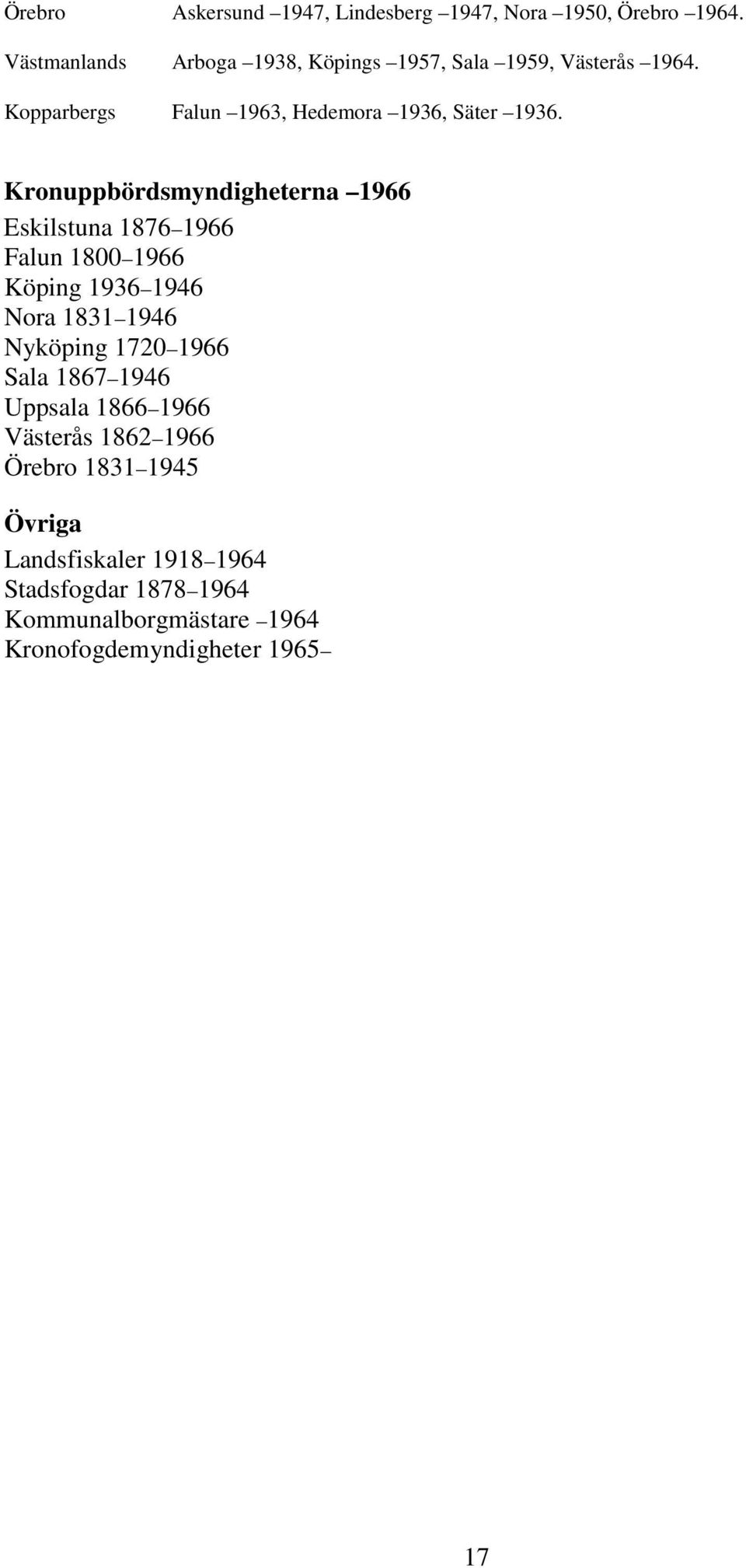 Kronuppbördsmyndigheterna 1966 Eskilstuna 1876 1966 Falun 1800 1966 Köping 1936 1946 Nora 1831 1946 Nyköping 1720 1966