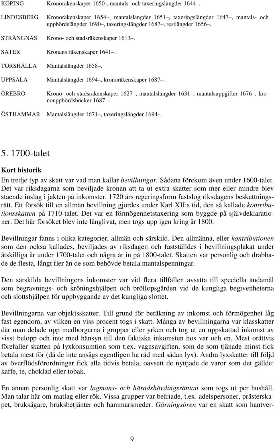 SÄTER Kronans räkenskaper 1641. TORSHÄLLA Mantalslängder 1658. UPPSALA Mantalslängder 1694, kronoräkenskaper 1687.