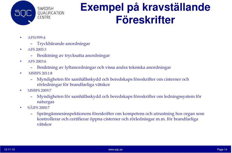 brandfarliga vätskor MSBFS 2009:7 Myndigheten för samhällsskydd och beredskaps föreskrifter om ledningssystem för naturgas SÄIFS 2000:7 Sprängämnesinspektionens