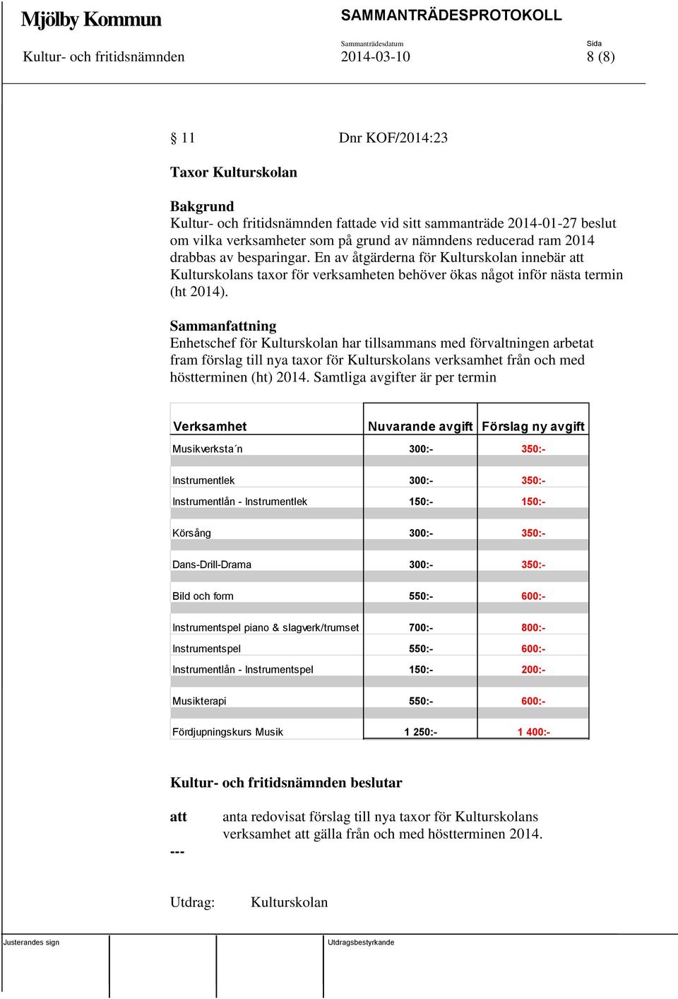 Sammanfning Enhetschef för Kulturskolan har tillsammans med förvaltningen arbetat fram förslag till nya taxor för Kulturskolans verksamhet från och med höstterminen (ht) 2014.