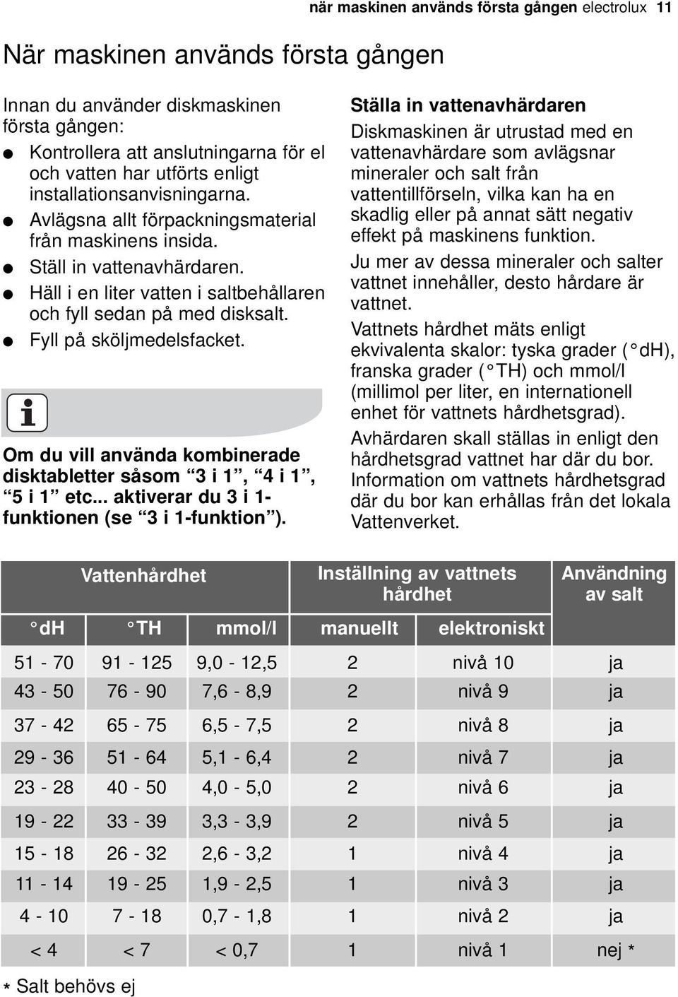 Fyll på sköljmedelsfacket. Om du vill använda kombinerade disktabletter såsom 3 i 1, 4 i 1, 5 i 1 etc... aktiverar du 3 i 1- funktionen (se 3 i 1-funktion ).