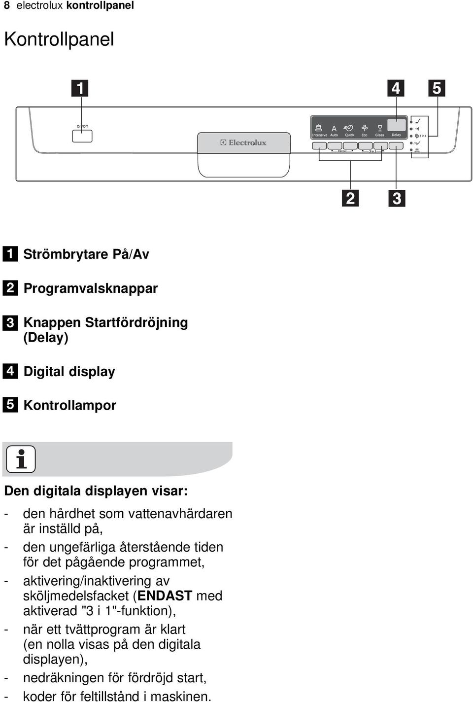 tiden för det pågående programmet, - aktivering/inaktivering av sköljmedelsfacket (ENDAST med aktiverad "3 i 1"-funktion), - när ett