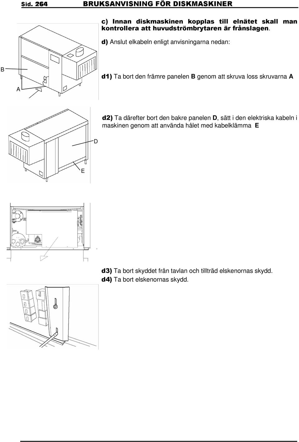 d) Anslut elkabeln enligt anvisningarna nedan: B d1) Ta bort den främre panelen B genom att skruva loss skruvarna A A