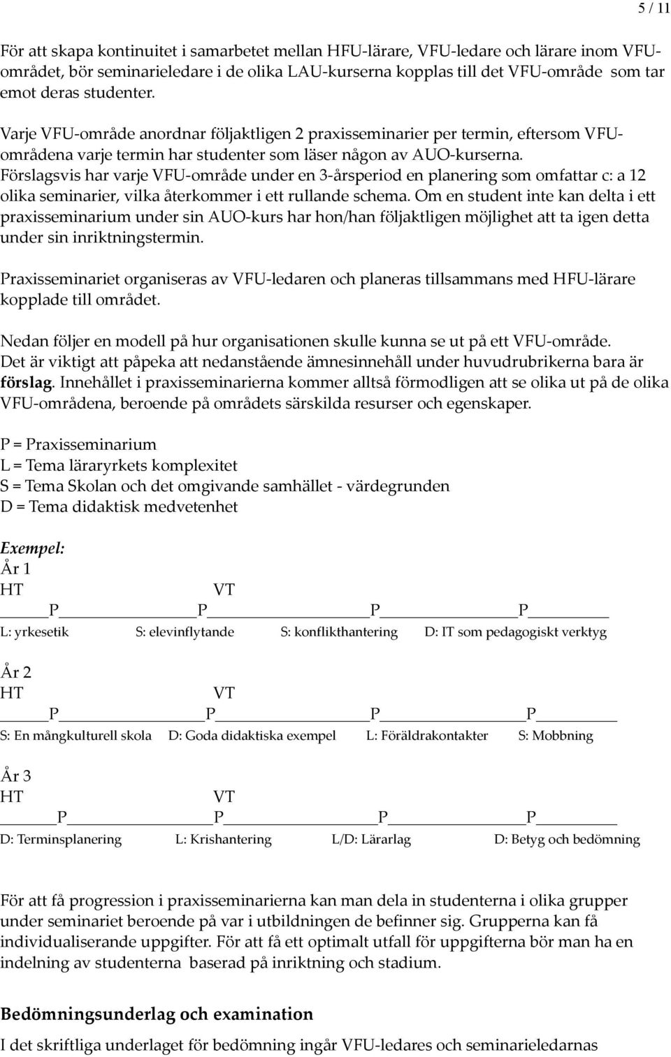 Förslagsvis har varje VFU-område under en 3-årsperiod en planering som omfattar c: a 12 olika seminarier, vilka återkommer i ett rullande schema.