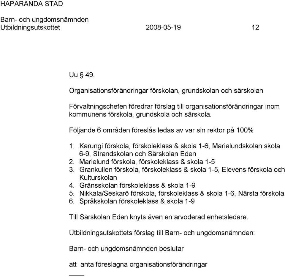 Följande 6 områden föreslås ledas av var sin rektor på 100% 1. Karungi förskola, förskoleklass & skola 1-6, Marielundskolan skola 6-9, Strandskolan och Särskolan Eden 2.