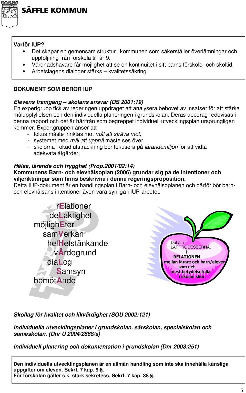 DOKUMENT SOM BERÖR IUP Elevens framgång skolans ansvar (DS 2001:19) En expertgrupp fick av regeringen uppdraget att analysera behovet av insatser för att stärka måluppfyllelsen och den individuella