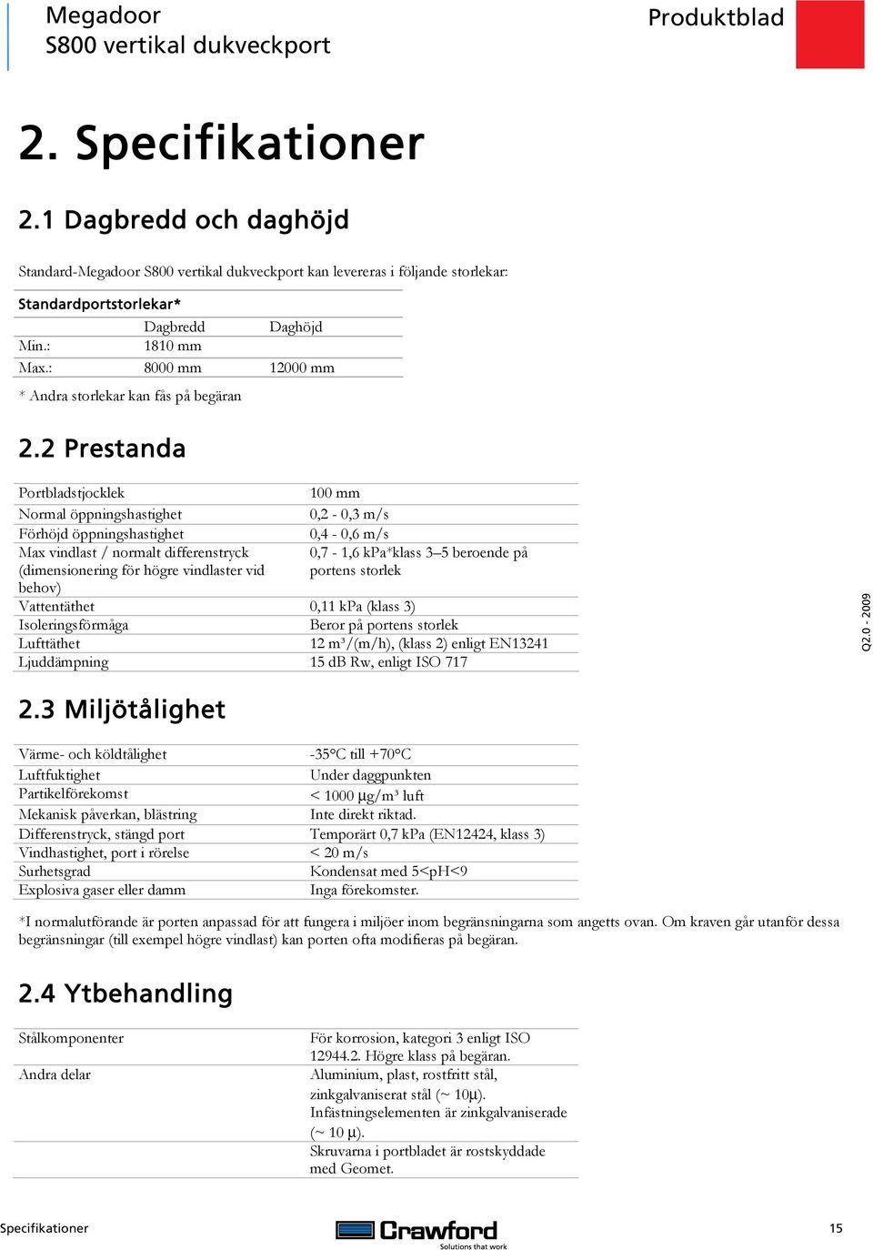 2 Prestanda Portbladstjocklek 100 mm Normal öppningshastighet 0,2-0,3 m/s Förhöjd öppningshastighet 0,4-0,6 m/s Max vindlast / normalt differenstryck (dimensionering för högre vindlaster vid 0,7-1,6