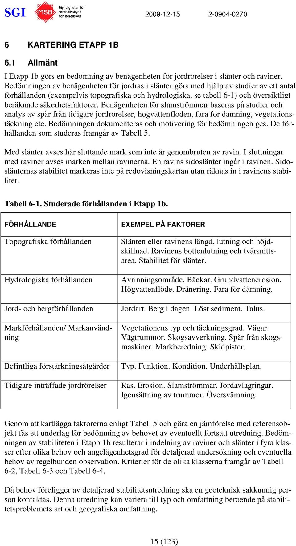 säkerhetsfaktorer. Benägenheten för slamströmmar baseras på studier och analys av spår från tidigare jordrörelser, högvattenflöden, fara för dämning, vegetationstäckning etc.