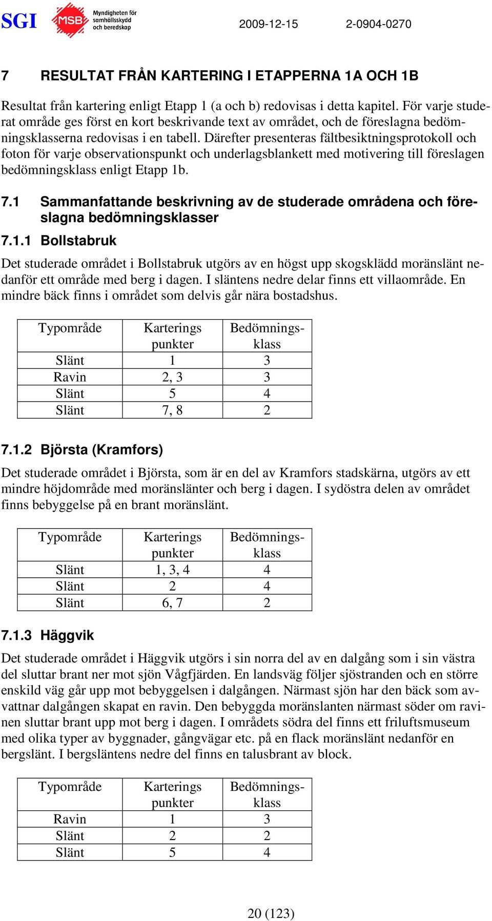 Därefter presenteras fältbesiktningsprotokoll och foton för varje observationspunkt och underlagsblankett med motivering till föreslagen bedömningsklass enligt Etapp 1b. 7.