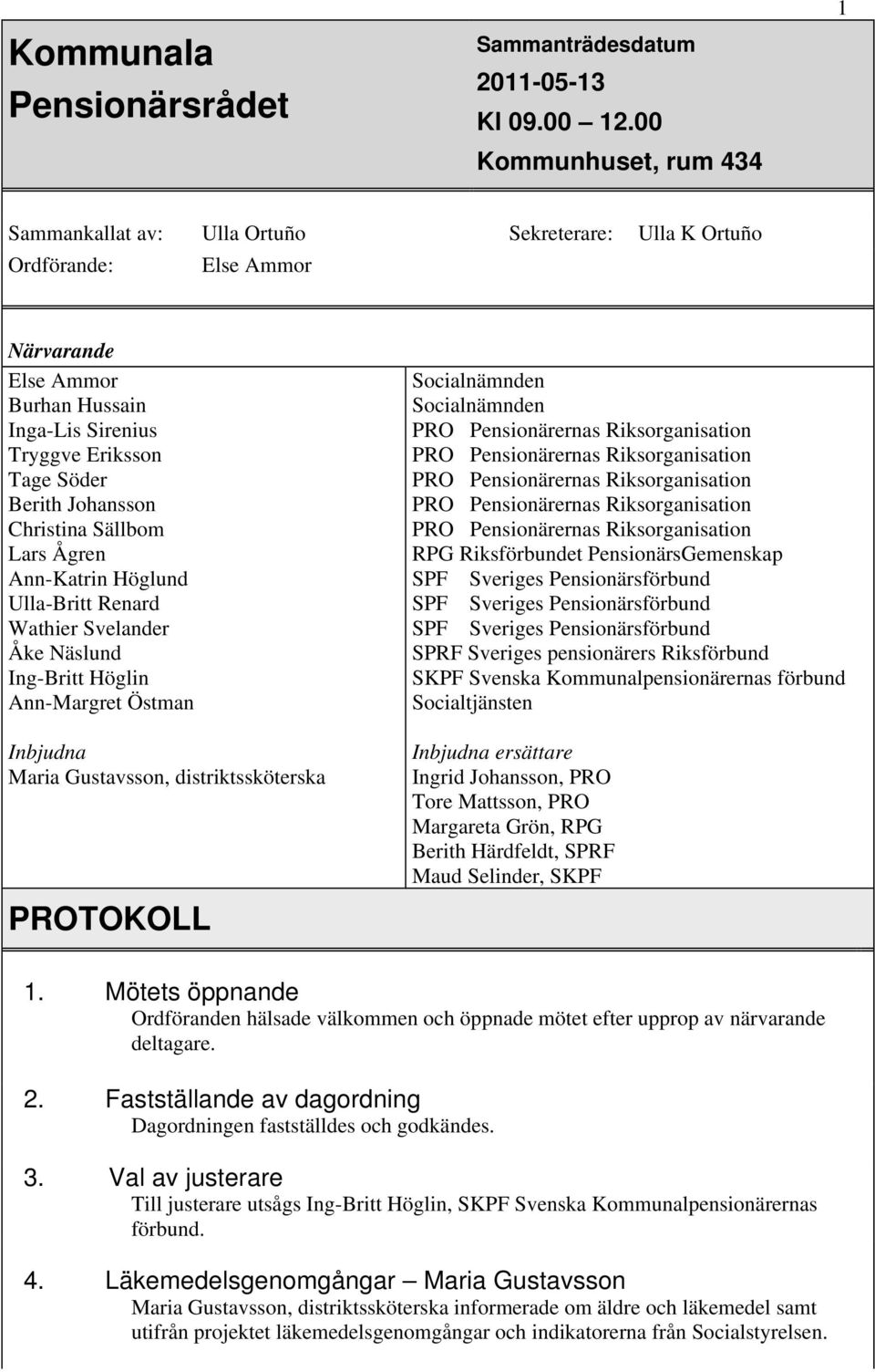 Sällbom Lars Ågren Ann-Katrin Höglund Ulla-Britt Renard Wathier Svelander Åke Näslund Ing-Britt Höglin Ann-Margret Östman Inbjudna Maria Gustavsson, distriktssköterska PROTOKOLL Socialnämnden