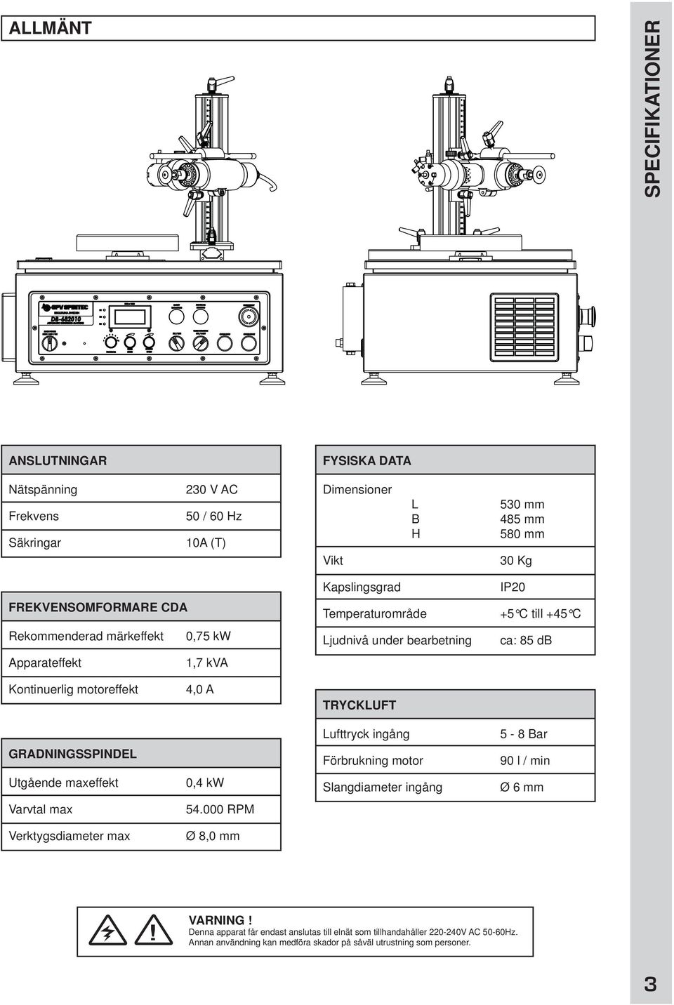 A TRYCKLUFT Lufttryck ingång 5-8 Bar GRADNINGSSPINDEL Förbrukning motor 90 l / min Utgående maxeffekt 0,4 kw Slangdiameter ingång Ø 6 mm Varvtal max 54.