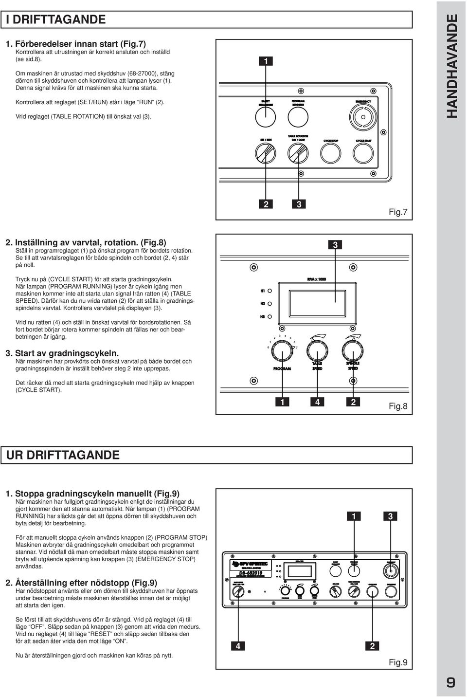 Kontrollera att reglaget (SET/RUN) står i läge RUN (2). Vrid reglaget (TABLE ROTATION) till önskat val (3). 1 HANDHAVANDE 2 3 Fig.7 2. Inställning av varvtal, rotation. (Fig.