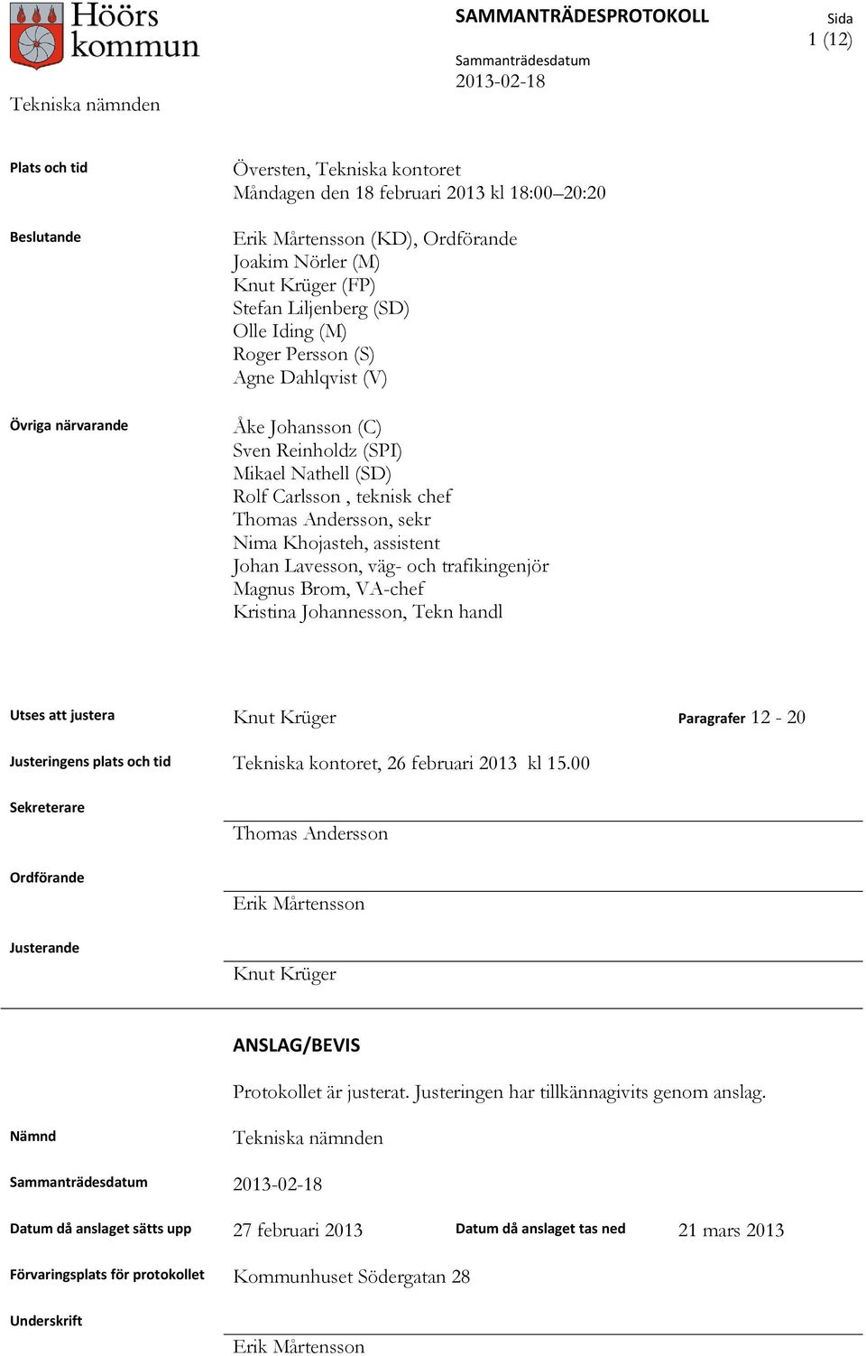 assistent Johan Lavesson, väg- och trafikingenjör Magnus Brom, VA-chef Kristina Johannesson, Tekn handl Utses att justera Knut Krüger Paragrafer 12-20 Justeringens plats och tid Tekniska kontoret, 26