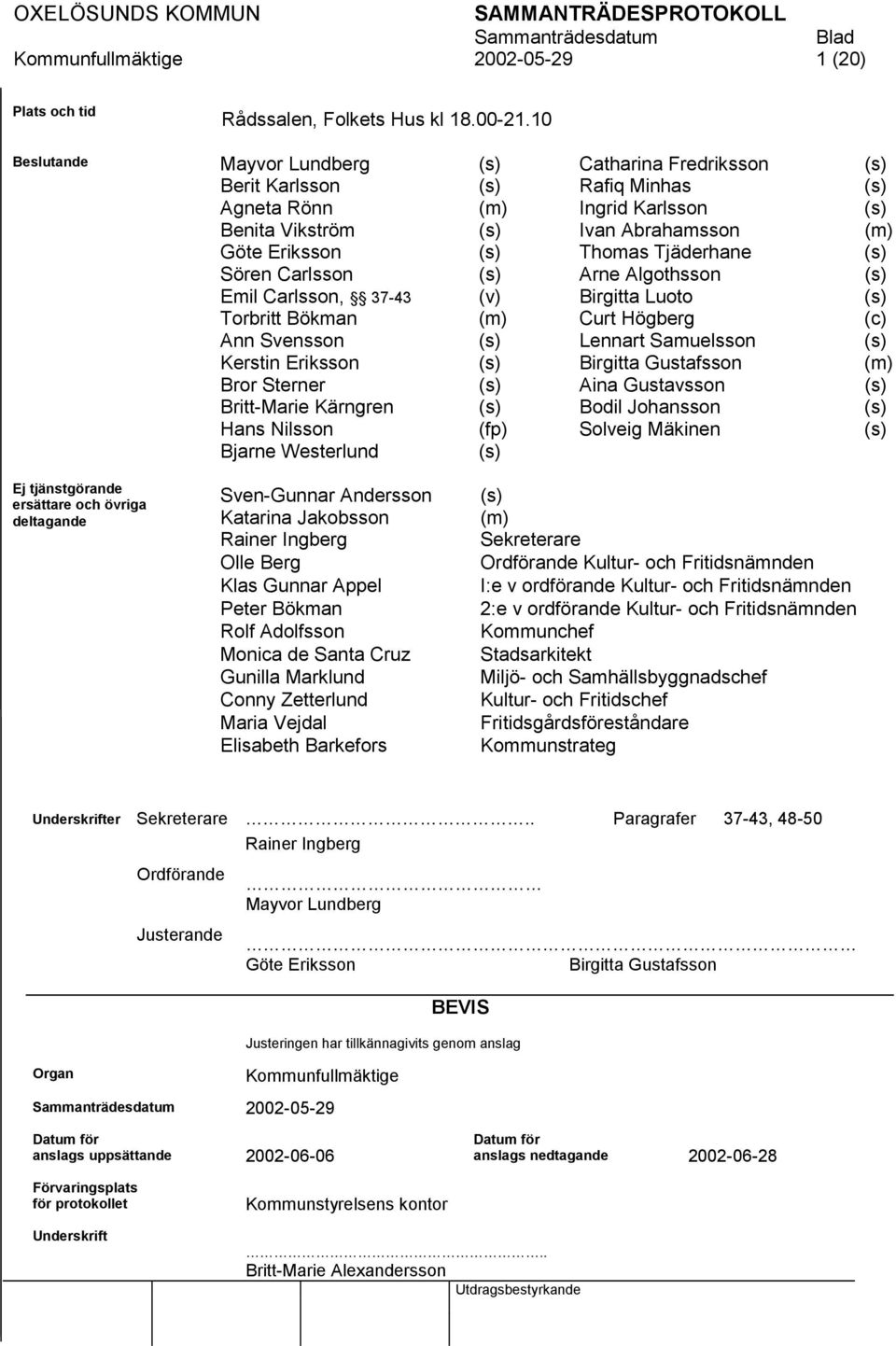 (s) Sören Carlsson (s) Arne Algothsson (s) Emil Carlsson, 37-43 (v) Birgitta Luoto (s) Torbritt Bökman (m) Curt Högberg (c) Ann Svensson (s) Lennart Samuelsson (s) Kerstin Eriksson (s) Birgitta