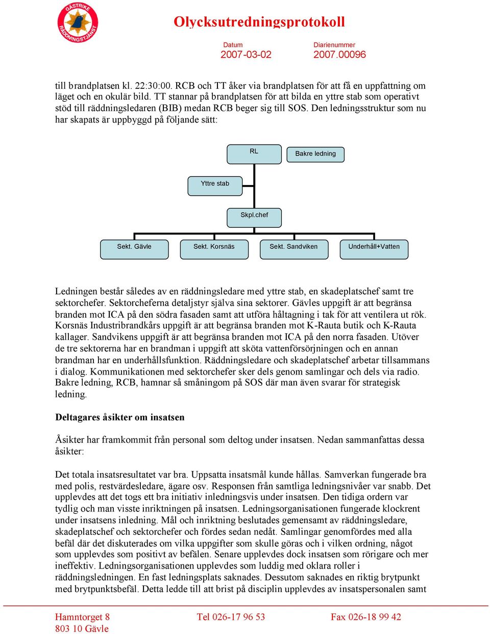 Den ledningsstruktur som nu har skapats är uppbyggd på följande sätt: RL Bakre ledning Yttre stab Skpl.chef Sekt. Gävle Sekt. Korsnäs Sekt.